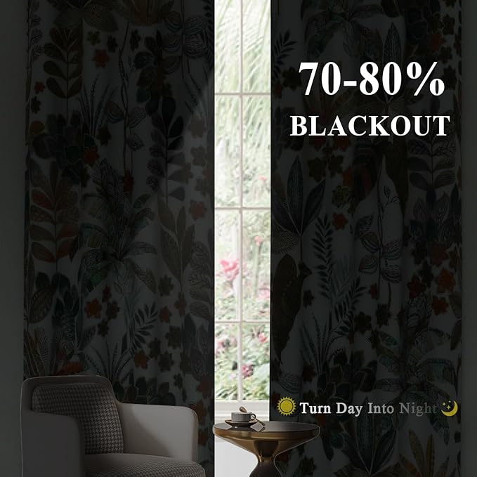 Estelar Textiler Thermal Insulated Blackout Curtains 90 Inches Length Blackout Drapes for Bedroom Living Room,Abstract Leaf Pattern Drapes with Silver Grommets,52x90 Inch (2 Panels)