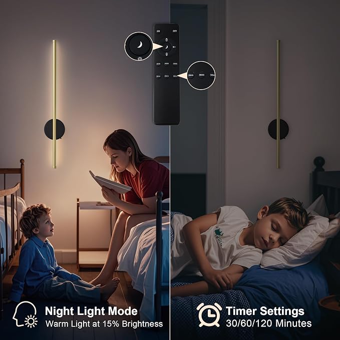 Battery Operated Modern Wall Sconce Set of Two,Rechargeable Wireless Wall Lights with Remote Control,Dimmable,3 CCT,Cordless Lighting Fixtures for Bedroom,Living Room,Hallway,23.6 Inch,Black Gold