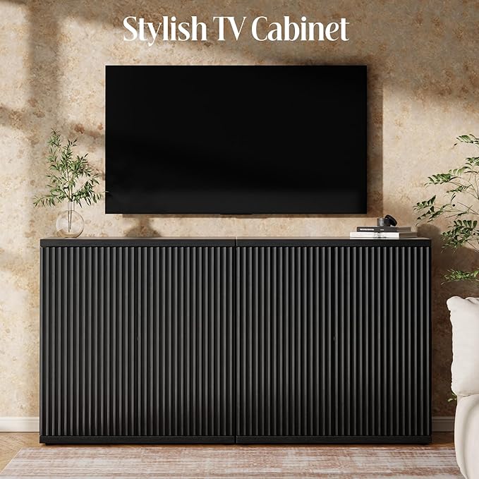 Fluted Buffet Cabinet Sideboard with Storage, Modern Black Credenza Cabinet with 2 Doors & Adjustable Shelf, 15" Deep Wood Accent Cabinet for Dining Room, Living Room, Entryway & Kitchen