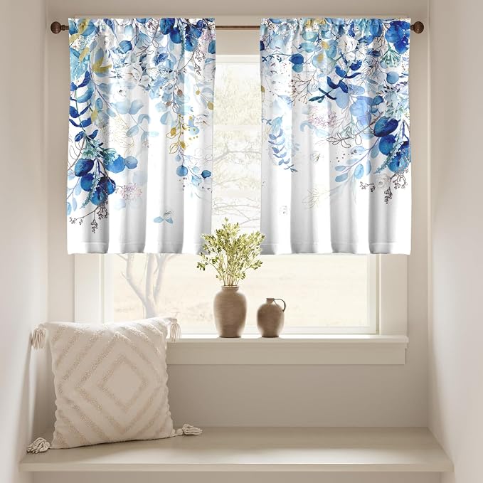 Blue Eucalyptus Leaves Kitchen Curtains Watercolor Plant Floral Curtains 39 Inches Spring Summer Blue and White Cafe Small Drapes Farmhouse for Bathroom RV Camper Light Filtering Rod Pocket 2 Panels
