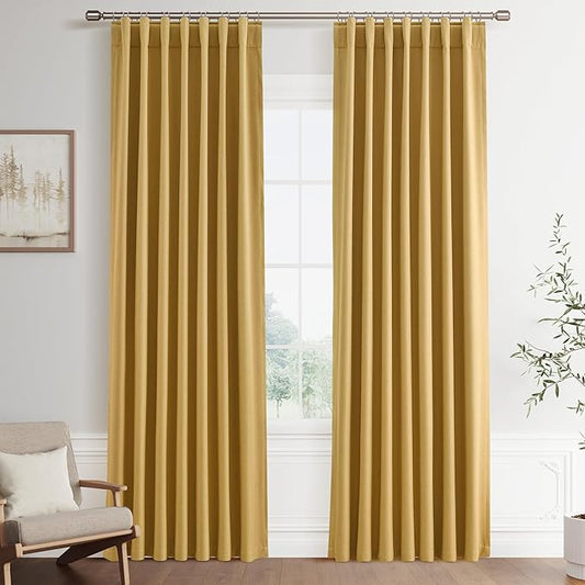 Joywell 100% Blackout Linen Curtains 84 Inch Long for Bedroom Black Out Curtain Hook Belt Back Tab Thermal Insulated Drapes for Living Room Window with Hooks 2 Panels Set,52 x 84,Gold
