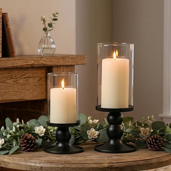 NITIME 2Pcs Hurricane Candle Holder for Pillar Candles, Black Candle Holders with Clear Glass Sleeve for Table Centerpieces,Pillar Candle Holders for Home Decor, Wedding, Holiday and Party Decor