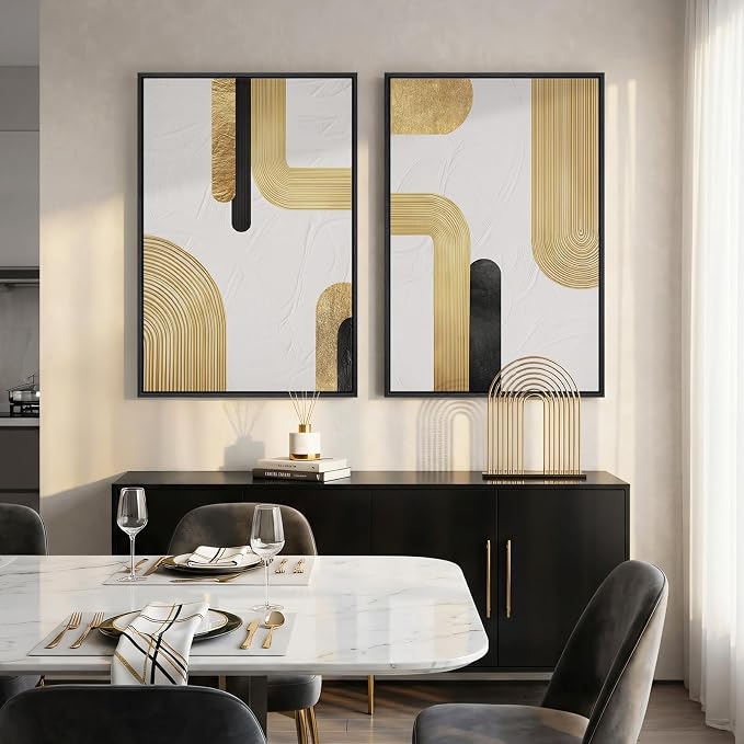 Large Framed Gold Abstract Wall Art Set of 2 for Living Room, Modern Minimalist Luxury Black White Canvas Artwork for Walls, Contemporary Line Painting Print Wall Decor for Bedroom Office, 24x36 Inch