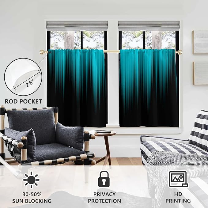AAtter Teal and Black Kitchen Curtains, Ombre 27.5" W x 45" L, 2 Panels | Turquoise Modern Rod Pocket Bathroom Window Drapes, Dark Abstract Striped Style, Cool Anime Design, Aqua Small Short Tiers