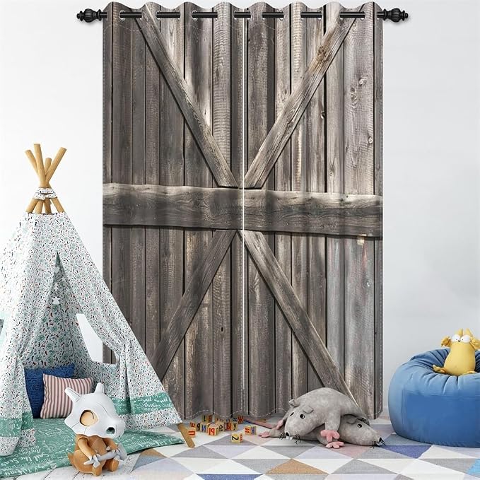 Rustic Barn Door Window Curtains Farmhouse Grey Wooden Door Garage Door Blackout Window Treatment for Living Room Bedroom Rural Farm Style Room Darkening Window Drapes,53x84 inch,2 Panels