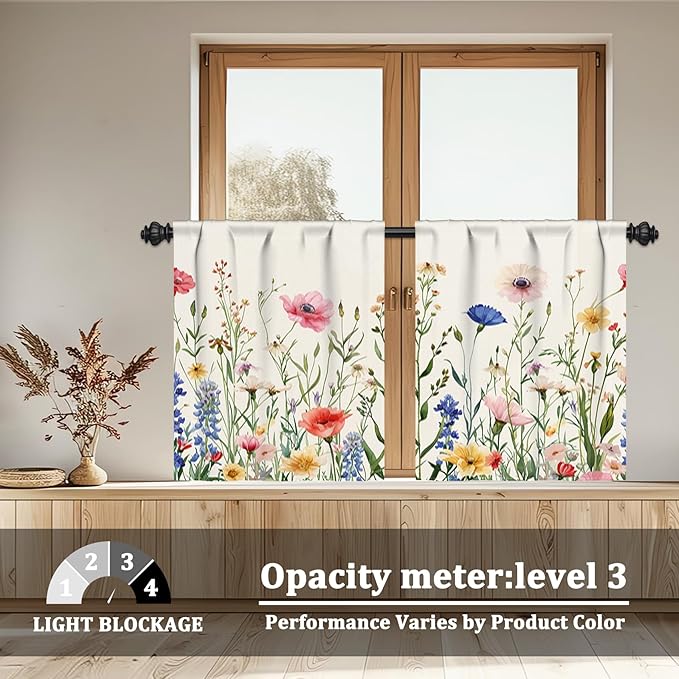 Renaiss 26 x 30 Inch Floral Kitchen Curtains for Windows Wildflower Cafe Linen Tier Farmhouse Curtains Country Botanical Plant Small Window Rod Pocket Rustic Curtain for Laundry Bathroom RV 2 Panels