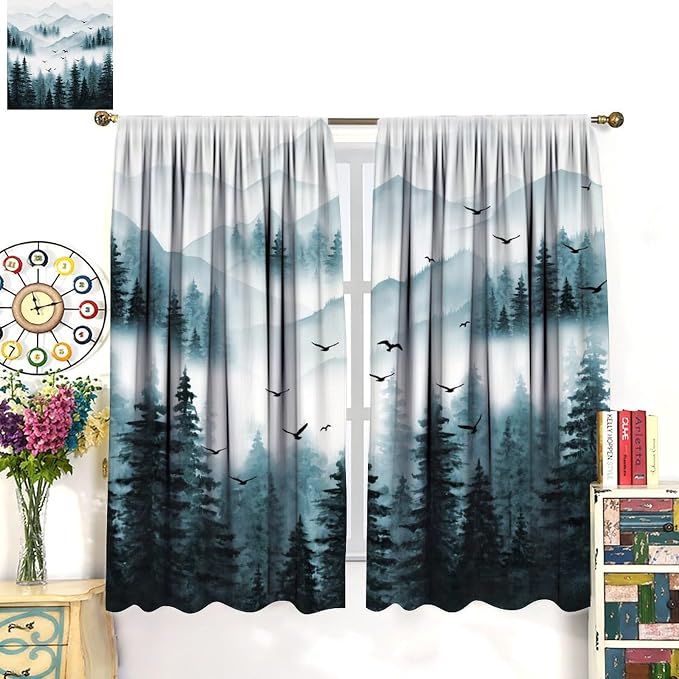 Forest Blackout Curtains for Kitchen Retro Natural Countryside Mist Blue Watercolor Mountain Forest Tree Theme Print Windows Treatments for Boys Girls Bedroom Living Room 55x63in