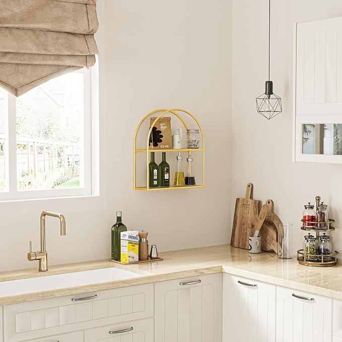 Crofy 2-Tier Arched Wall Shelf with Gold Frame & Transparent Shelves | Sturdy Tempered Clear Glass Shelves with Ample Storage Space; Decor for Living Room, Bath, Kitchen, Vanity & Home Office