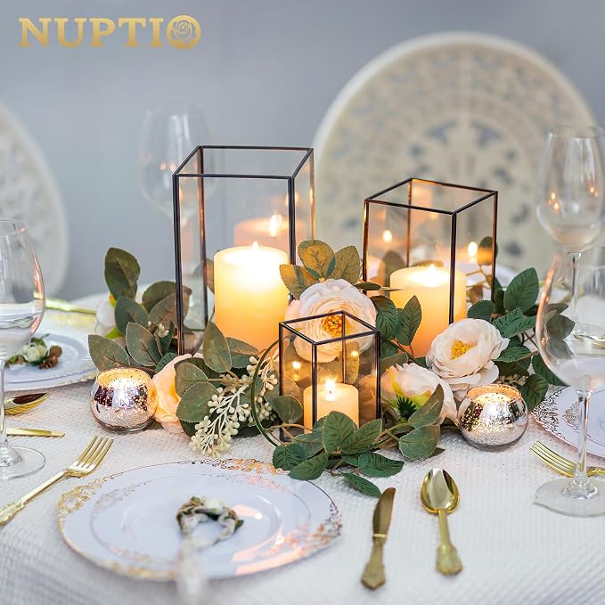 NUPTIO Glass Hurricane Candle Holder: 3 Pcs Black Lanterns Geometric Pillar Candles Holder Decorative Lantern Centerpiece for Outdoor & Indoor Halloween Holiday Fireplace Decor 8.1 & 6.5 & 4.7 inch | Decorative Lantern Centerpiece for Outdoor Indoor Ha...