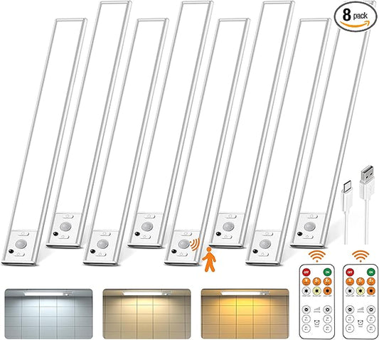 12inch Under Cabinet Lighting with Remote, 2500mAh Rechargeable Motion Sensor Light Indoor, LED Closet Lights with Timer, Dimmable, Magnetic, 3 Color Temps Wireless for Kitchen, Pantry, Stair, 8 Pack