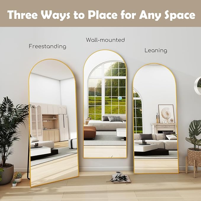 Prywot Arched Floor Mirror, 58 "x 18" Full Length Mirror Wall Mirrors Hanging or Leaning Arched-Top Full Body Mirrors with Stand for Bedroom, Dressing Room, Gold