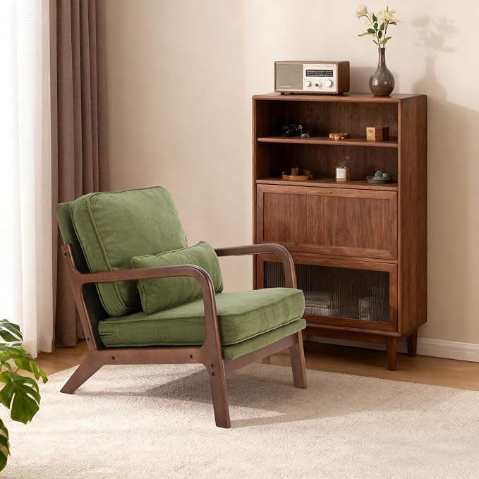 DUMOS Mid Century Modern Accent Chair, Upholstered Low Armchair with Lumbar Pillow and Solid Wooden Frame, Lounge Chair for Small Living Room, Bedroom, Reading Nook, Green
