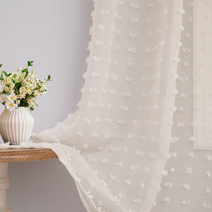 DANCURTON Beige Sheer Curtains 108 Inch Length for Bedroom Living Room Natural Farmhouse Boho Semi Sheer Curtain Light Beige Back Tab Pom Pom Sheer Curtains for Nursery Kids 52 by 108 Inches Long