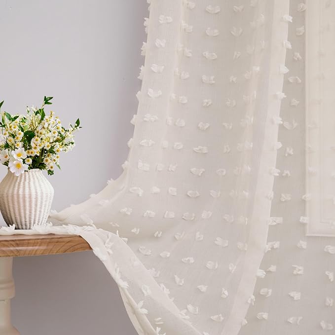 Sheer Beige Curtains 90 Inches Long 2 Panels for Bedroom Living Room Boho Farmhouse Natural Semi Sheer Curtain Nursery Pom Pom Tufted Pattern Drapes Country Rustic Decor Back Tab 52x90 Light Beige