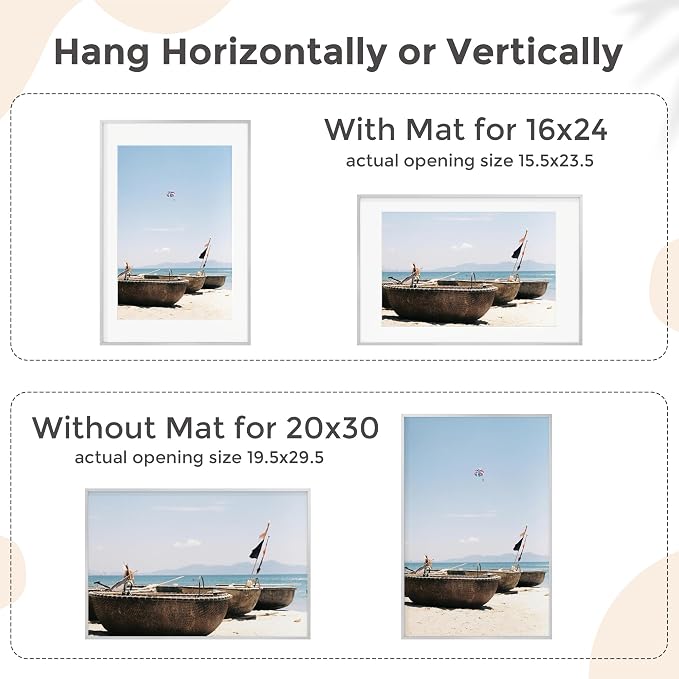 20x30 Metal Picture Frame for Wall With Mat for 16x24, 20''x30'' Aluminum Photo Frames With Tempered Glass for Home Decor, Minimalist Modern Poster Frame Horizontal And Vertical Formats, Silver