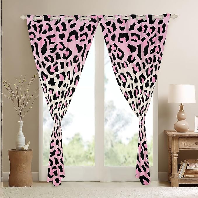 Feelyou Pink Leopard Room Darkening Blackout Curtain Cheetah Curtains for Bedroom Living Room Boys Girls Animal Print Blackout Curtains (2 Panels, 42 x 90 Inch) Safari Window Treatments