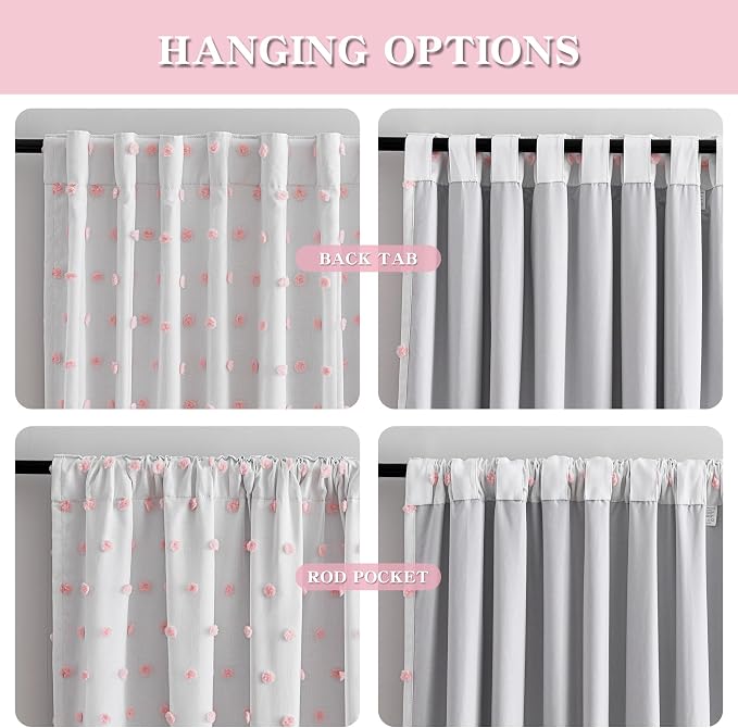 MYSKY HOME 100% Blackout Curtains for Nursery Thermal Insulated Pink Pom Pom Curtain 72 Inch Length for Girls Bedroom 2 Panels Back Tab White Sheer Drapes for Kitchen Dining Room Door, 52W x 72L