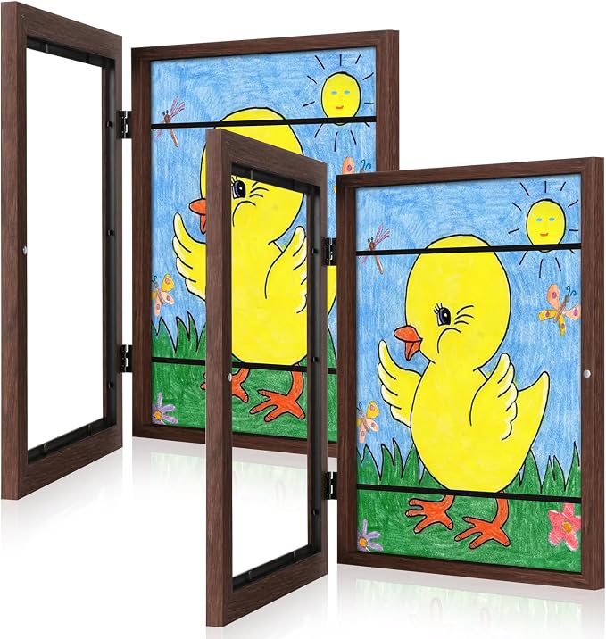 GULETHUN [2-Pack] Kids Art Frames, 8.5x11 Front Opening Kids Artwork Frames Changeable, Brown Artwork Display Storage Frame for Wall, Holds 50 Pcs, for 3D Picture, Crafts, Hanging Art, Portfolio