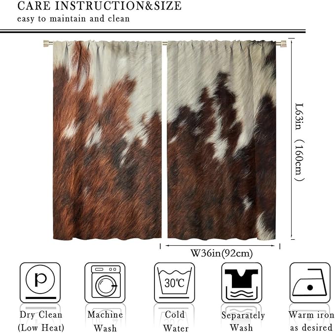 Cow Print Blackout Curtain,Animal Fur Skin Brown White Cowhide Western Rustic Farmhouse Window Treatments Rod Pocket Curtain for Bedroom Living Room Kitchen Decor Drapes 72x63in