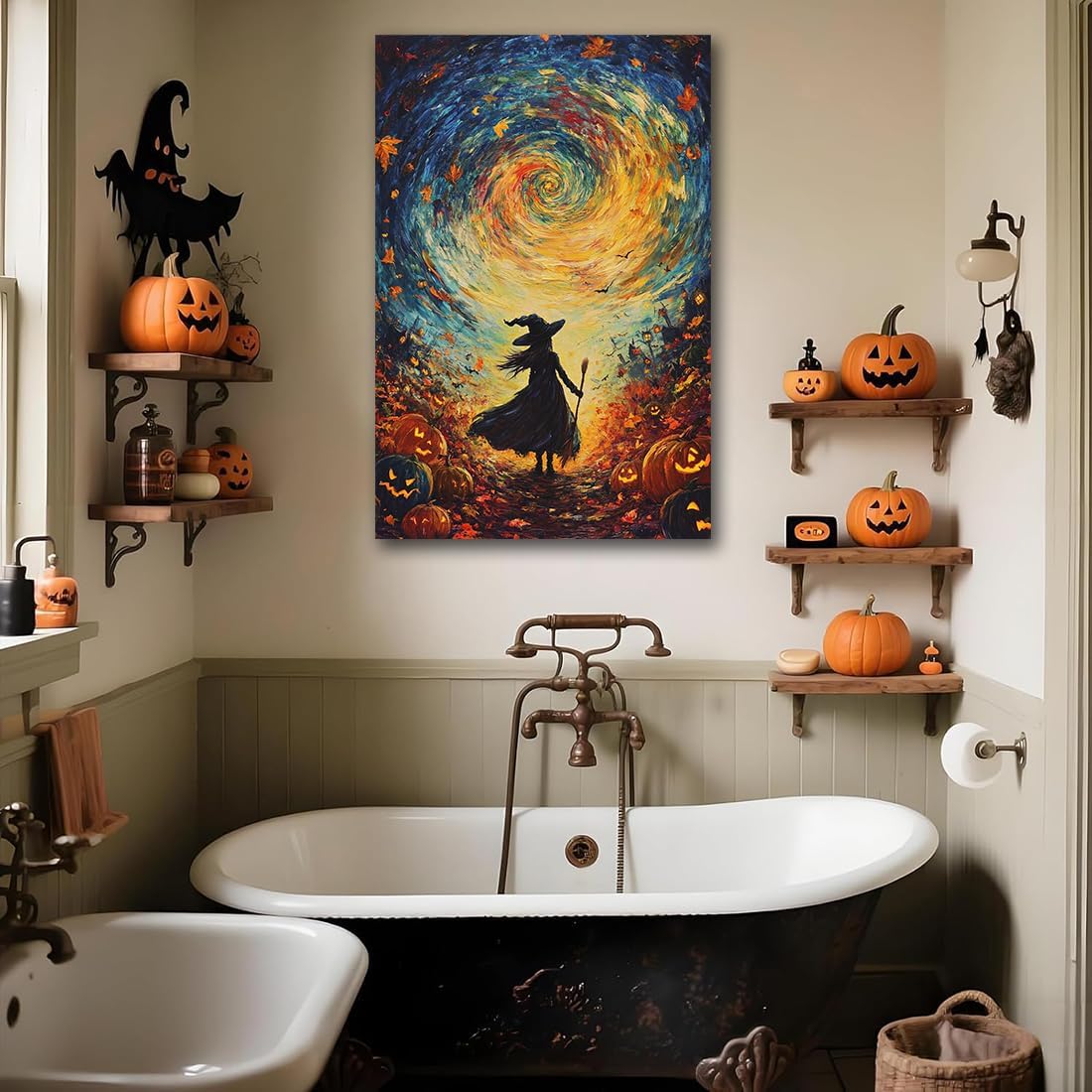 Halloween Autumn Witchy Decor Wall Art Prints,Gothic Witch in Whirlwind Autumn with Pumpkins Scene Pictures Poster,Fall Festival Home Decor Painting Canvas Poster for Bedroom Bathroom,20"x30" Framed