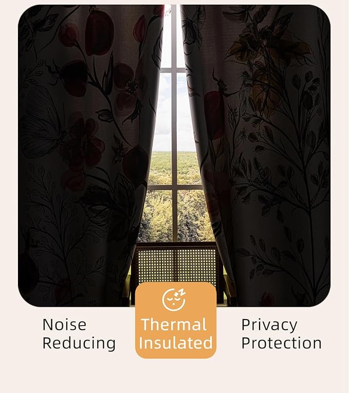 Boho Floral Blackout Curtains for Bedroom 84 inch Long 2 Panels Black Out Farmhouse Country Botanical Vintage style Curtains for Living Room Thermal Insulated Room Darkening Window Drapes 52x84 Inch