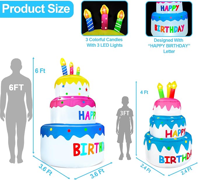 6 Ft Inflatable Happy Birthday Cake Decorations Outdoor Lighted Blow Up Holiday Birthday Party Decor with Candles 6 LED Lights for Indoor Home Celebration Garden Lawn Yard Prop Sign