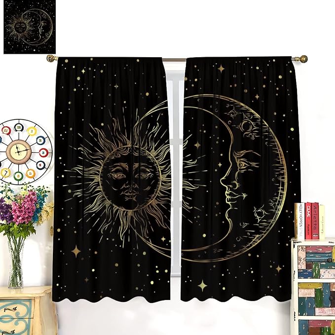 Gold Sun and Moon Blackout Windows Curtains, Fantasy Mandala Bohemian Universe Galaxy Printed Curtains, for Living Room Bedroom 52x84in 2 Panels
