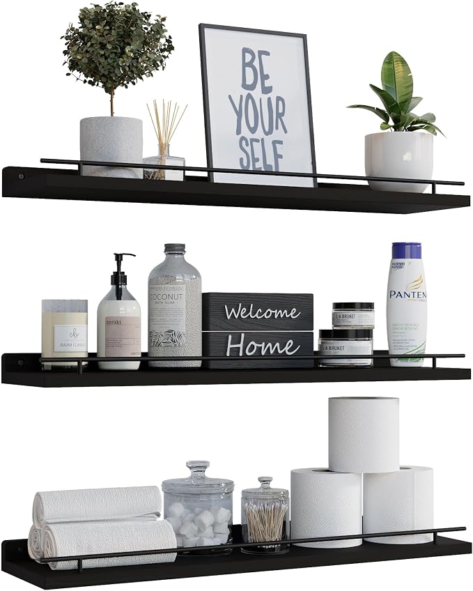WOPITUES Floating Shelves 24 inch with Gold Metal Guardrail, Shelves for Wall Decor Set of 3, Wall Shelves for Bedroom, Bathroom, Kitchen, Living Room, Plants, Picture Frames, Art- Black