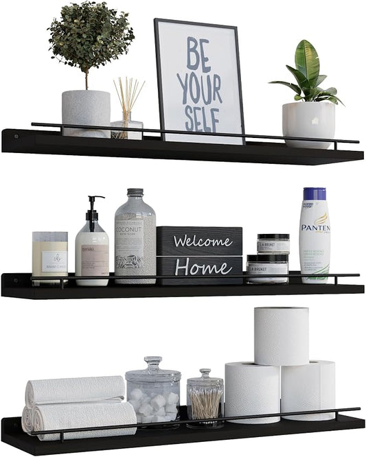 WOPITUES Floating Shelves 24 inch with Gold Metal Guardrail, Shelves for Wall Decor Set of 3, Wall Shelves for Bedroom, Bathroom, Kitchen, Living Room, Plants, Picture Frames, Art- Black