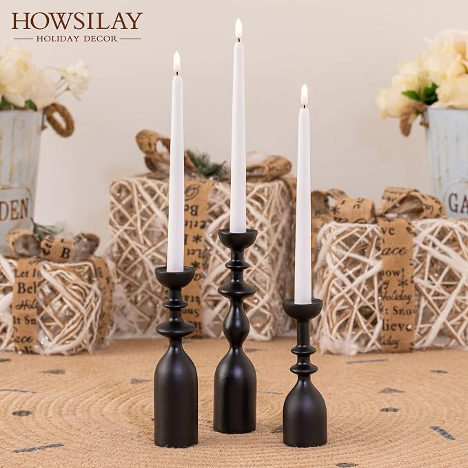 HOWSILAY Wood Candle Holders for Table Centerpiece Black Candlestick Holders - Rustic Candle Stick Candle Holder fits 3/4" or 7/8" Taper Candle and Dia 1.5" Led Tea Lights Candles or Pillar Candles | Solid Handcrafted Wood, 3 Assorted Heights, Fits Tap...