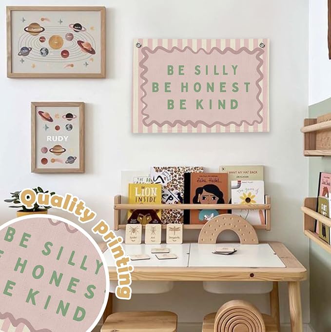 RTXLEZM Girls Room Decor, Be Silly Be Honest Kind Canvas Banner | Retro Pink Striped Inspirational Wall Art Prints for Kids Toddler Nursery Room Bedroom Playroom Decor, 20x30 Inch