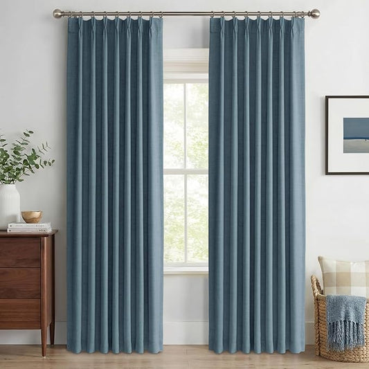 100% Blackout Shield Linen Look Textured Pinch Pleated Curtains Blackout Drapes 80 Inch Long 2 Panels Set, Faux Linen Blackout Curtains for Bedroom & Living Room, 40" W x 80" L, Stone Blue