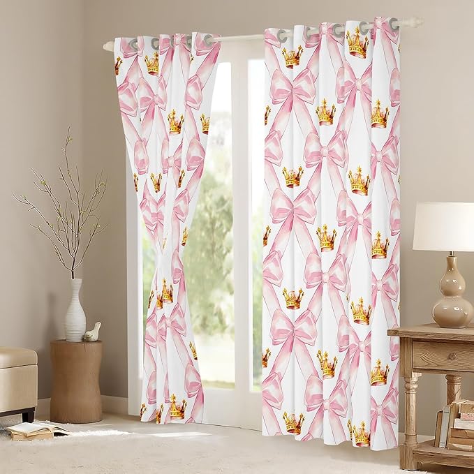 Erosebridal Kawaii Bow Girls 42" Wx90 L Curtain Pink Ribbon Bowknot Kids Window Curtain Golden Crown Princess Style Window Treatments Watercolor Geometric Bow Tie Curtains & Drapes
