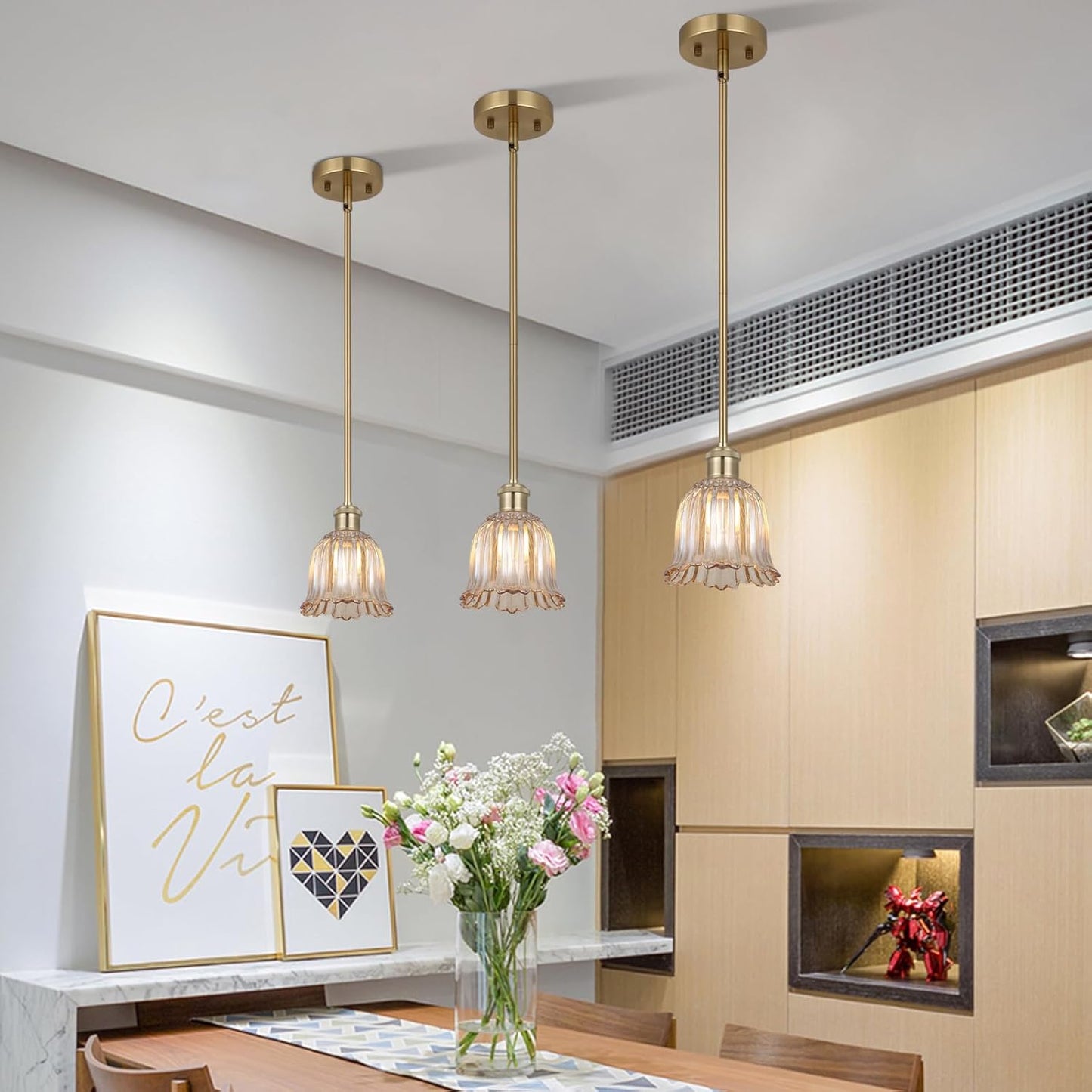 Modern Gold Pendant Light 3 Pack Brushed Brass Mid Century Chandelier Amber Glass Shades Adjustable Rods Farmhouse Ceiling Hanging Lighting Fixture Kitchen Island Dining Room Bedroom