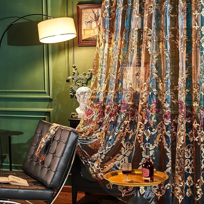 NAPEARL Luxury Embroidered Curtains for Patio Doors French Doors Living Room, European Style Extra Wide Sheer Doorway Curtain Drapes with Floral Patterns Pull Pleated Tape (100"W x 84"L (Pack of 1))