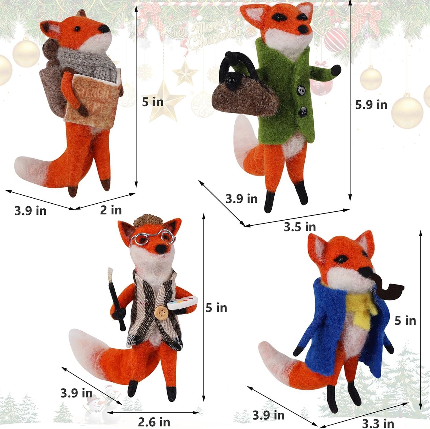 Set of 4 Christmas Felt Fox Ornaments, Mini Hanging Wool Mr. Foxes Fantastic Figurines, Tiered Tray Tabletop Decor, Animal Crafts Cute Xmas Tree Holiday Easter Gifts Home Office Party Supply