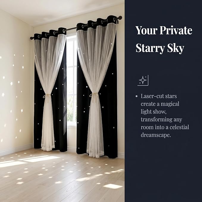 Kids Blackout Curtains for Bedroom/Living Room/Classroom, Sheer Overlay Small 2 Panel Set, Double Layer Curtains with Star Cutout for Kids Room(W 52 x L 36 Inches,Black 2 Pcs)