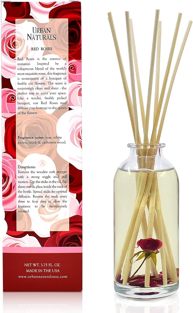 Urban Naturals Reed Diffuser Set, Red Roses - Bathroom Shelf Décor | Floral Scented Sticks Room Freshener for Bathroom, Kitchen & Bedroom, Great Gift Idea