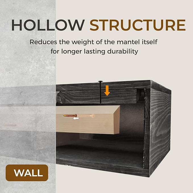 Fireplace Mantel Handmade, 6'' Thick Wall Decor Long Floating Shelf, 72inch Rustic Wood Shelf with Invisible Brackets, Black