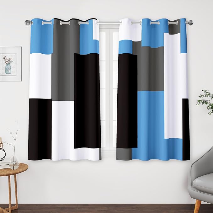 Tyrot Light Blue 100% Blackout Curtains for Bedroom 45 inch Length 2 Panels Set Grey Modern Abstract Geometric Black Out Curtains Insulated Room Darkening Window Drapes for Living Room, 52Wx45L