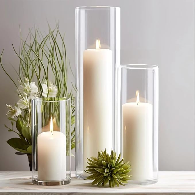 12-Pc White Pillar Candles & Clear Hurricane Glass Candle Holders, 3 Sizes | 12 dripless candles + 12 clear borosilicate glass cylinder vases. Wedding, home, party decor. Unscented, long burn