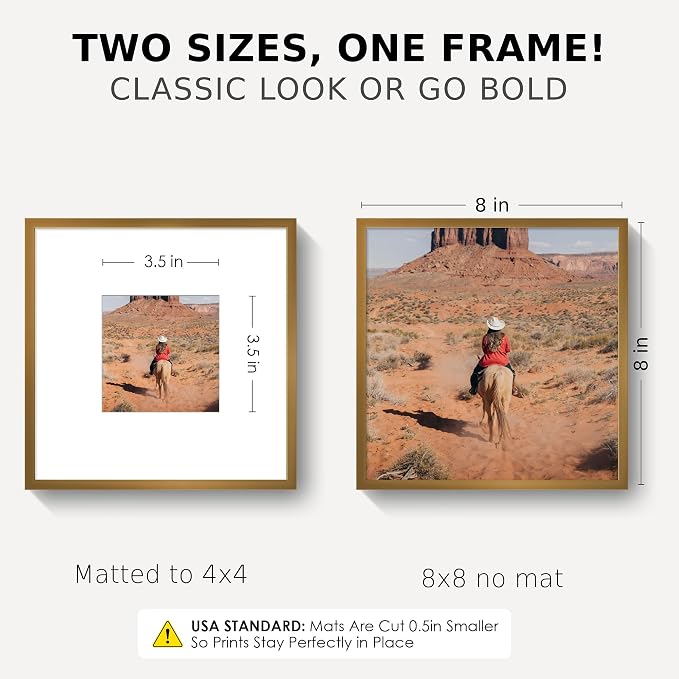 8x8 Square Picture Frame for 4x4 Photo, Minimalist Aluminum Frame, Bronze | Warm Bronze Square Frame with 4x4 Opening for Wall Display, Tabletop, or Gallery Wall | Wall Kit Included