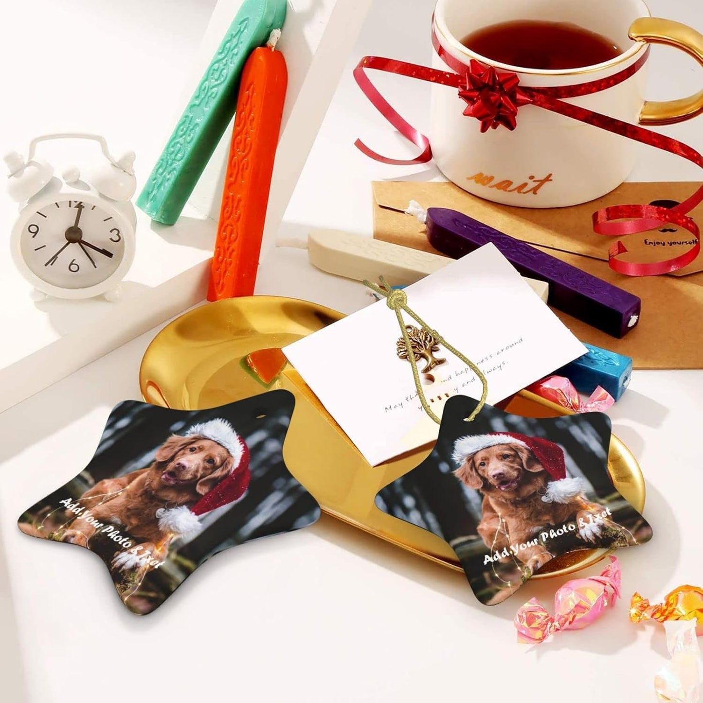 Personalized Ceramic Christmas Tree Photo Ornament - Customized Wedding, Baby, Family, Pet Picture - Unique Xmas Gift (Pentagram - 2pcs)