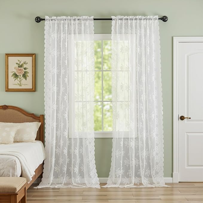 Kotile Ivory Lace Curtains 63 Inch Length 2 Panels, Country Rustic Floral Design Sheer Lace Curtains for Bedroom, Rod Pocket Vintage Privacy Lace Window Panel Set, 42 x 63 Inch Each, Ivory