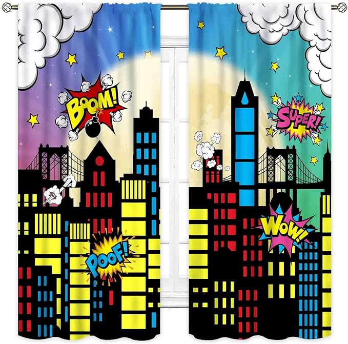 Super City Hero Curtain, Comic Style Cityscape Skyline Buildings Cartoon Window Curtains for Boys Kids Teens Baby Room Bedroom Living Nursery 2 Panel Sets, 63"x63" Inch