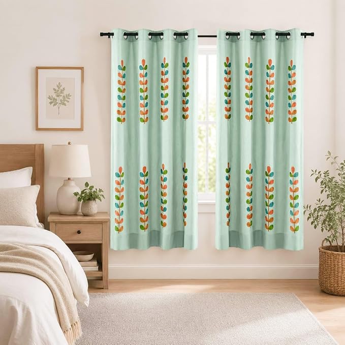 VOGOL 52x63 Light Filtering Curtains, Leaf Embroidered Grommet Panels for Living Room Bedroom, Farmhouse Window Treatments, Blue, 2 Panels