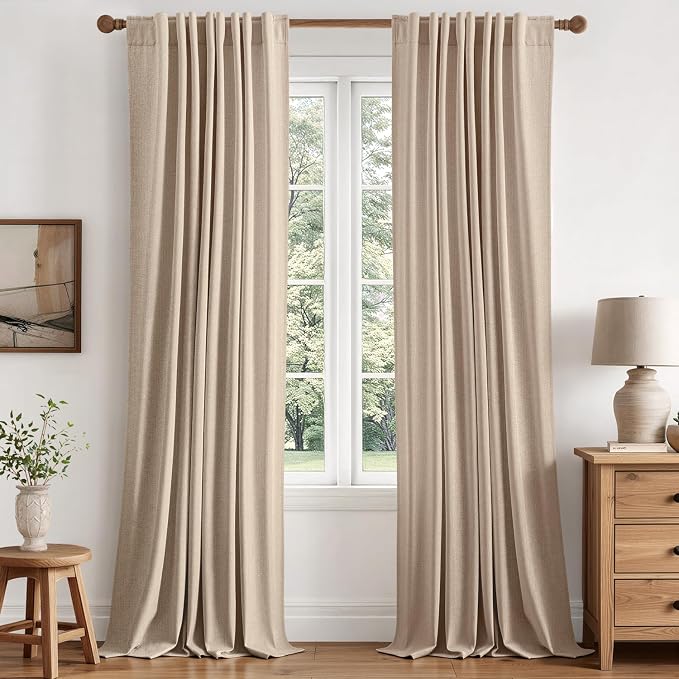 MIULEE 100% Blackout Linen Curtains for Bedroom 96 inches Long, Thermal Insulated Room Darkening Black Out Drapes for Living Room, Back Tab Rod Pocket, 2 Panels Set, 40 Wide x 96 Length, Linen