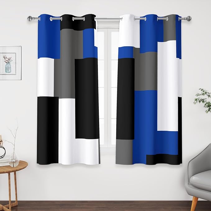 Tyrot Blue Gray 100% Blackout Curtains 45 inch Length 2 Panels Set White Grey Modern Abstract Geometric Drapes for Kitchen Black Out Curtains Insulated Room Darkening Small Window Curtains, 42Wx45L