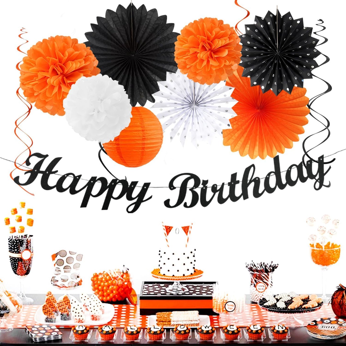 Black-White Orange Halloween Birthday Party-Decorations - 21pcs Happy Banner,Paper Lanterns Honeycomb,Tissue Pom Poms Flower Fan,Kids Classroom Hanging Streamers Garland Decor Supplies Huglony