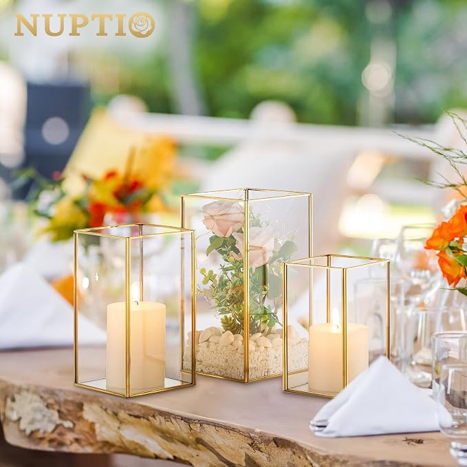 Nuptio Glass Hurricane Candle Holder Set of 3 Gold Pillar Candle Holders Large Rectangular Candleholder Table Centerpieces Decoration for Wedding Christmas Holiday Home Ornaments 9.5 & 8.1 & 6.5 inch | Large Rectangular Candleholder Table Centerpieces ...